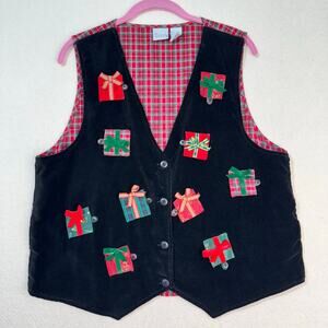 Cascade Blues VTG Black Velvet Plaid Christmas Vest Hidden Presents Size Large